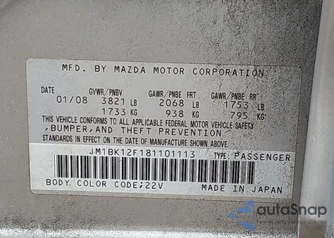 2008 Mazda Mazda3 I Sport из США, поврежденный, VIN JM1BK12F181101113